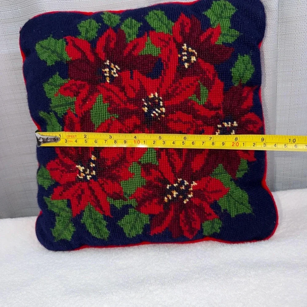 Vtg Needlepoint Throw Pillow Poinsettias Navy Red & Green Cottagecore Christmas